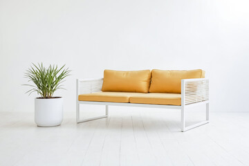 Fototapeta premium Modern White Living Room with Yellow Cushioned Sofa and Green Potted Plant