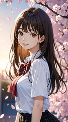 桜吹雪の中の女子高校生　入学・卒業イメージ