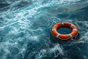 Life buoy on rough blue water background, symbolizing rescue in the sea