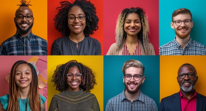 Diverse Group of Smiling People, Colorful Portrait Collage