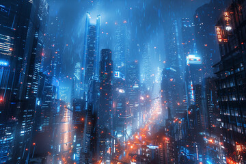futuristic cityscape with holographic blue skyscrapers towering over a bustling metropolis-2