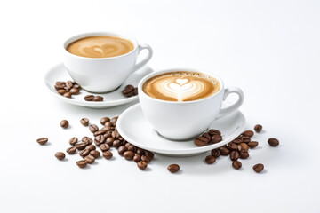 Obraz premium Aromatic Delight: Two Cups of Artisan Coffee with Latte Art Surrounded by Coffee Beans