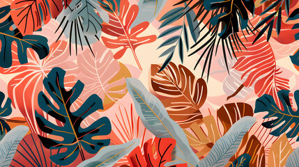 Seamless pattern of tropical plants leaves background. Colorful nature foliage wallpaper.