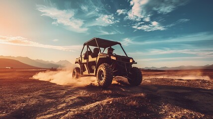 A man rides an ATV through the desert during a vibrant sunset