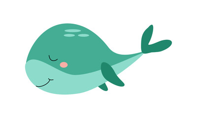 Sleeping cute funny green whale character, sea animal. Vector cartoon illustration for stickers, children's books, products, room decoration.
