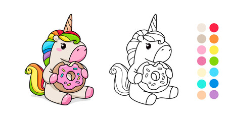 Vector coloring page with Baby Unicorn Pony hug donut. Cute Kawaii Pony Unicorn toy for coloring page template with color palette. Coloring book for kids. Kids apparel print design