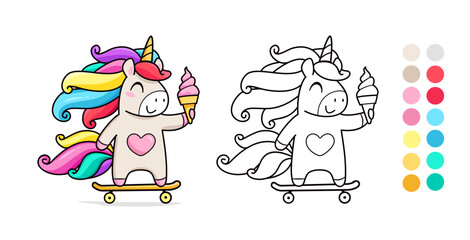 Vector coloring page with Baby Unicorn Pony hold ice cram. Rainbow Pony Unicorn riding a skateboard for coloring page template with color palette. Coloring book for kids. kids apparel print design