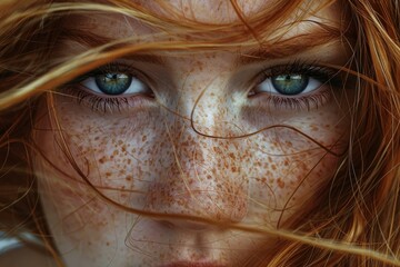 Detailed closeup captures a young woman's striking blue eyes and freckled skin