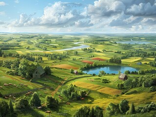 Obraz premium Picture a mesmerizing digital illustration of a birds-eye view countryside scene