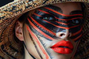 Depict the essence of femininity, with lips painted a bold red beneath a hat adorned-2
