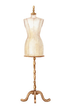 Fabric mannequin on a carved wooden stand. Hand drawn watercolor painting in vintage style. Textured beige and brown illustration of boho aesthetic fashion and hobby theme design.