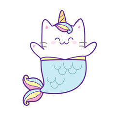 Happy Kawaii Mermaid Cat Unicorn in pastel color style vector. Cute cartoon Kitten Boy Unicorn with fish tail.  Happy Mermaid Unicorn for greeting card design, kids, apparel prints