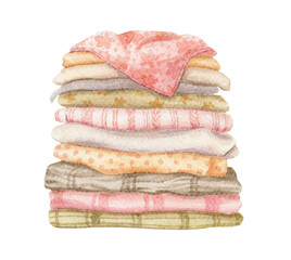 Stack of colorful fabrics with texture and print hand drawn watercolor painting in vintage style. Soft pastel colors illustration of boho aesthetic Sewing supplies for the women's hobby theme design.
