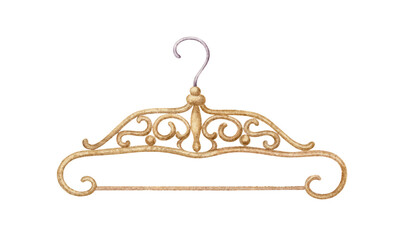 Clothes hanger carved wooden. Hand drawn watercolor painting in vintage style. Textured isolated illustration of boho aesthetic Sewing supplies for the women's hobby theme design.