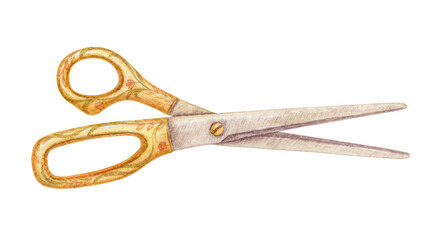 Tailor's scissors gold with floral pattern. Hand drawn watercolor painting in vintage style. Illustration of dressmaker sewing tool. Sewing supplies for the women's hobby theme design. © NadyaSaen 
