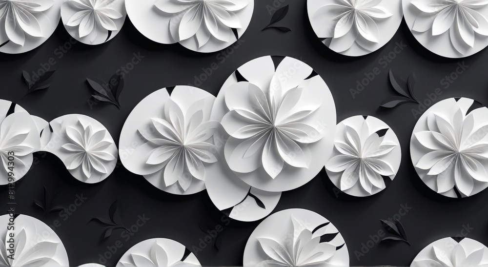 Wall mural monochrome blossoms: white flowers blooming on a black background