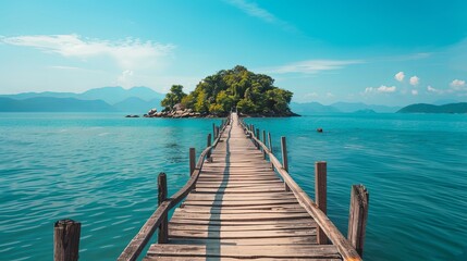 Obraz premium A wooden pier extends over the ocean towards an island