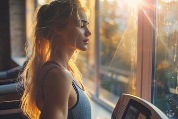 Soft natural light envelops a woman's focused stride on the treadmill, capturing her serene determination. - Powered by Adobe