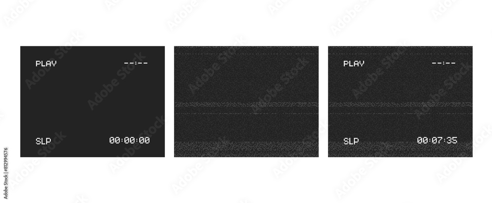 Aufkleber set of retro vhs black screens and video player interface with pixelated noise effect. vhs video cas