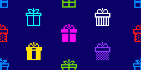 Pixel Gift Box icons on vector seamless pattern. Pixel Art Gift Box silhouette sign and pictogram in retro game style background