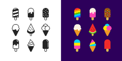 Pixel Art Ice Cream colorful icons pop art poster in retro game style. Rainbow Pixel Ice Сream on a stick and ice cream popsicle - editable vector icons set. Pixel Ice Cream black silhouette icon