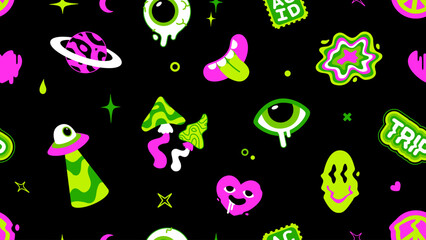 Psychedelic Art in Y2k style seamless pattern. Cartoon psyhedelic mushroom, UFO beam , liquid eye. Abstract surrealism background. Psychedelic elemets for t-shirt, textile, print design, print fabric
