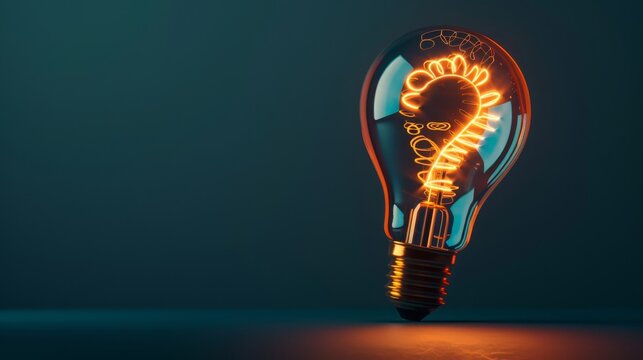 Glowing lightbulb and question mark with copy space for creative thinking idea and problem solving concept.