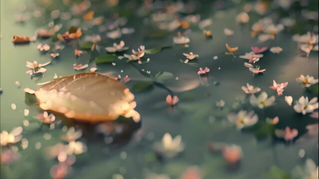 leaves and small flowers floating on the surface of the water