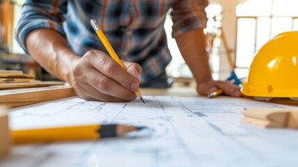 closeup male worker hand using pencil to sketch drawing draft design wooden workpiece in DIY workshop.