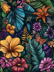 a close up of a colorful floral background with butterflies and flowers