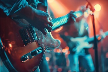 Naklejka premium A man playing a guitar in front of a microphone