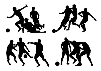 three Soccer players with ball. player silhouette. Players Set. High quality isolated on white background. Vector illustration