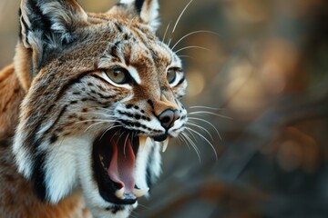 Closeup of a lynx with detailed fur texture, showcasing its open mouth and fierce gaze - Powered by Adobe