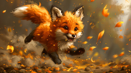 Little red fox running through the autumn leaves