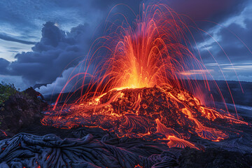 Captivating Display of Nature's Wrath: A Majestic Volcanic Eruption in the Dark of Night