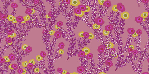 Texture plants, herbs, twigs with leaves. Plant organic pattern. Cartoon style. Hand drawn elements. Vector seamless overlapping pattern.