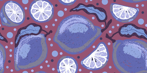 Naklejka premium Texture lemons, limes, citrus fruits. Tropical exotic pattern. Cartoon style. Hand drawn elements. Vector seamless overlapping pattern.