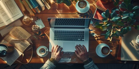 Overhead shot of a person working on a laptop surrounded by books, coffee cups, and a cozy setting. The image highlights a productive and focused workspace, perfect for themes related to remote work, 