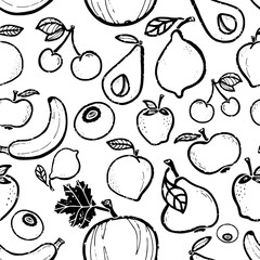 Texture doodle vegetables and fruits, black and white. Cartoon style. Hand drawn elements. Vector seamless overlapping pattern.