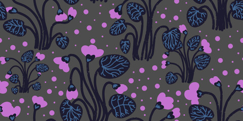 Texture violets. Forest flowers. Cartoon style. Hand drawn elements. Vector seamless overlapping pattern.