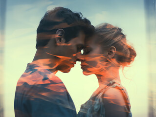 Double exposure of loving couple side view highlighting intimate bond Digital tone, Splitcomplementary color scheme