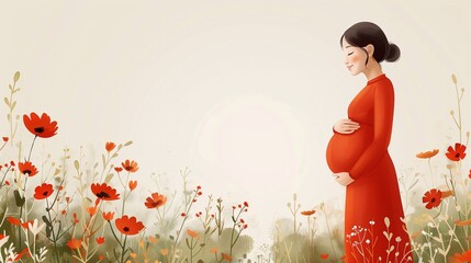 Illustration with pregnant woman in red dress on beige background with copy space