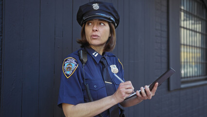 A focused policewoman writing a report on her notepad, wearing a uniform with a badge, standing outside on a city street.