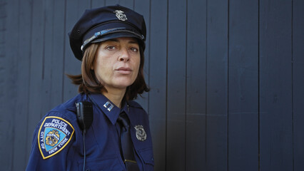 A serious middle-aged woman police officer standing against a blue urban wall background, evoking...