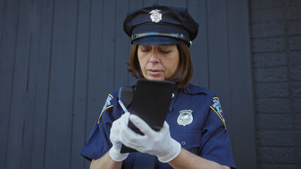 Middle-aged woman police officer using smartphone on urban street