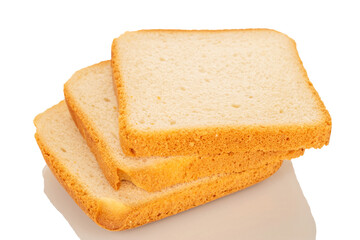 Several pieces of white bread for toaster, macro, isolated on white background.