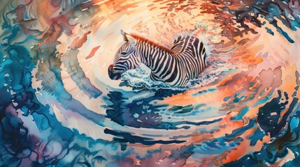 Naklejka premium Watercolor painting of a zebra crossing a river during sunset, top view, capturing the reflection in water, advanced tone, vivid color scheme