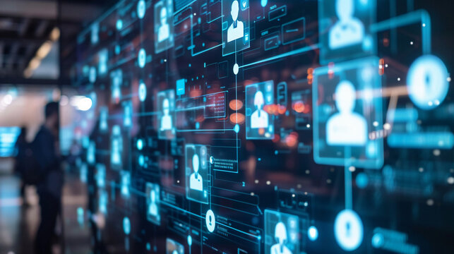 Modern interactive touchscreen with a comprehensive flowchart of digital HR strategies avatars illustrating team roles and tasks