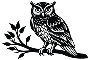 Owl sitting on  a tree branch vector silhouette an white background     