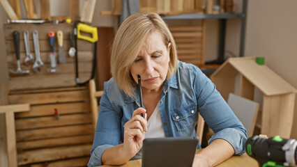 A thoughtful blonde woman in a denim shirt considers her work in a blurred carpentry workshop.